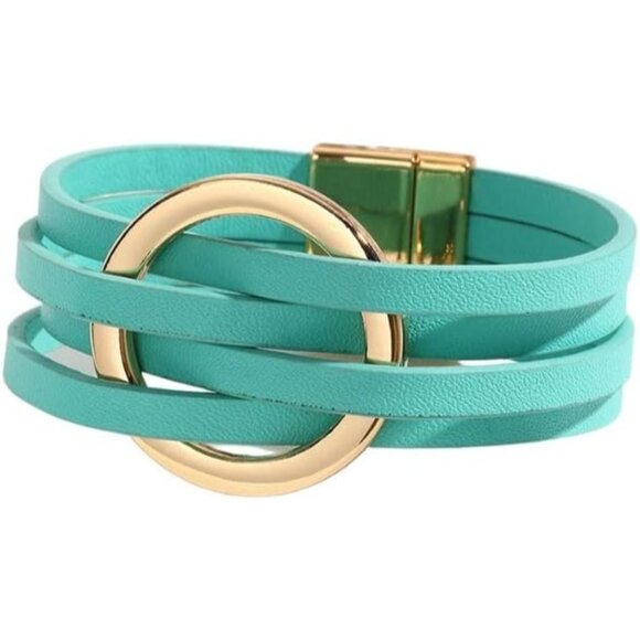 Green Charm Leather Wrap Strand Bracelet Handmade Cuff Bracelets for Women - Picture 1 of 3